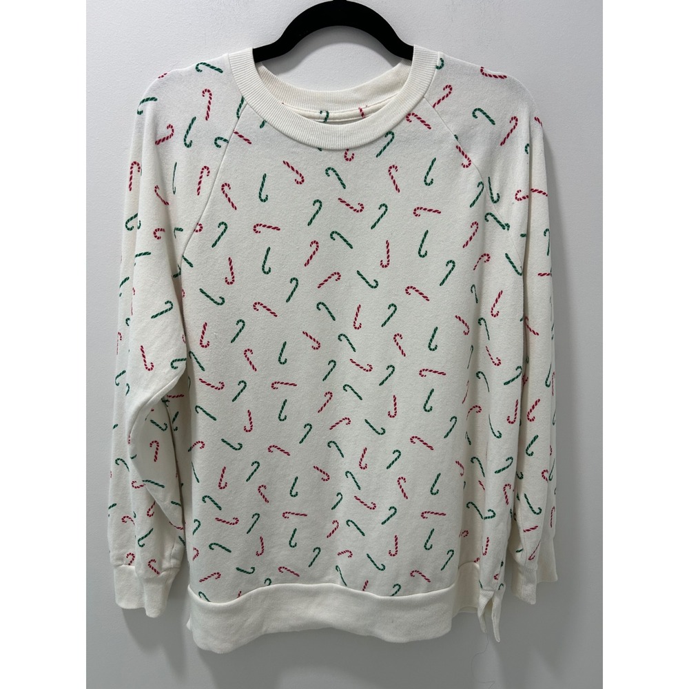 Colsie Womens Candy Cane Christmas Sweatshirt White Red Green Small Holiday